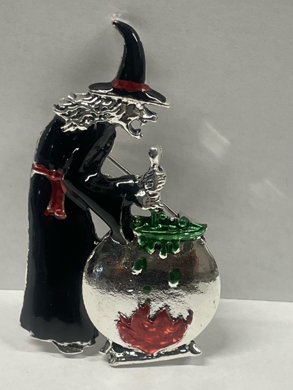 Metal Witch Brooch with Green Cauldron Accent